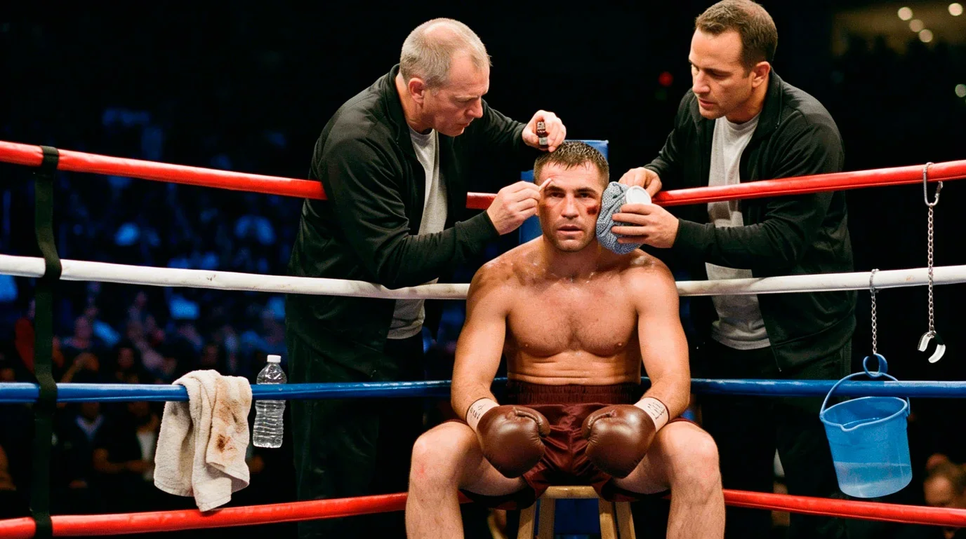 Boxer in der Ringecke zwischen den Runden während Livewetten-Quoten sich ändern