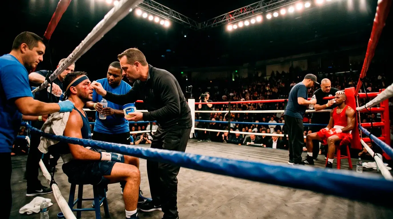 Boxring während der Rundenpause mit Trainern in der Ecke