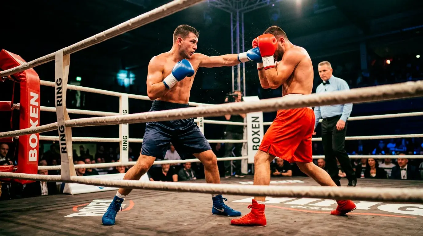 Boxkampf-Szene mit Darstellung verschiedener Wettarten wie Siegwette und Rundenwette