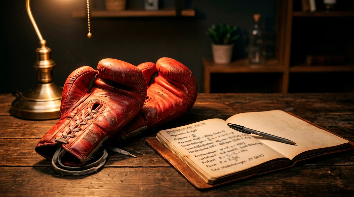Boxen Wetten Strategie — Boxhandschuhe neben Notizbuch mit Wettanalyse