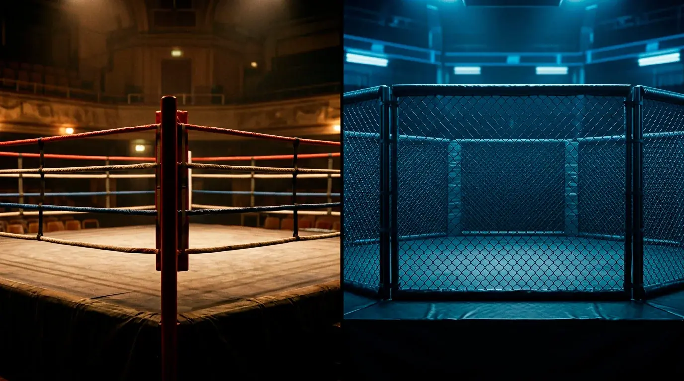 Geteiltes Bild mit einem Boxring auf der linken und einem MMA-Oktagon auf der rechten Seite