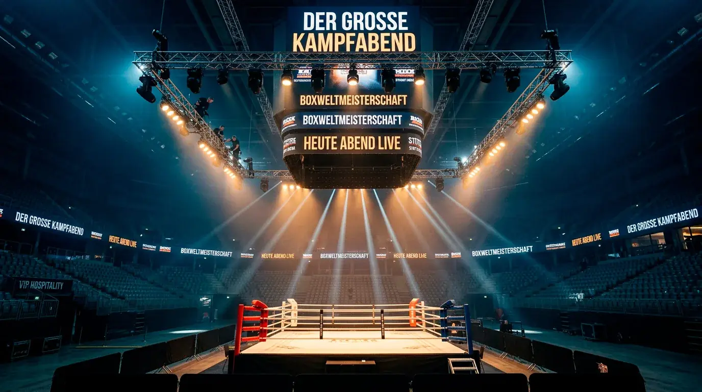 Boxer allein im Ring neben einer Fußballmannschaft auf dem Spielfeld