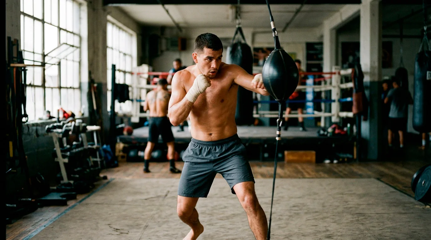 Boxer trainiert konzentriert am Doppelendball im Boxstudio