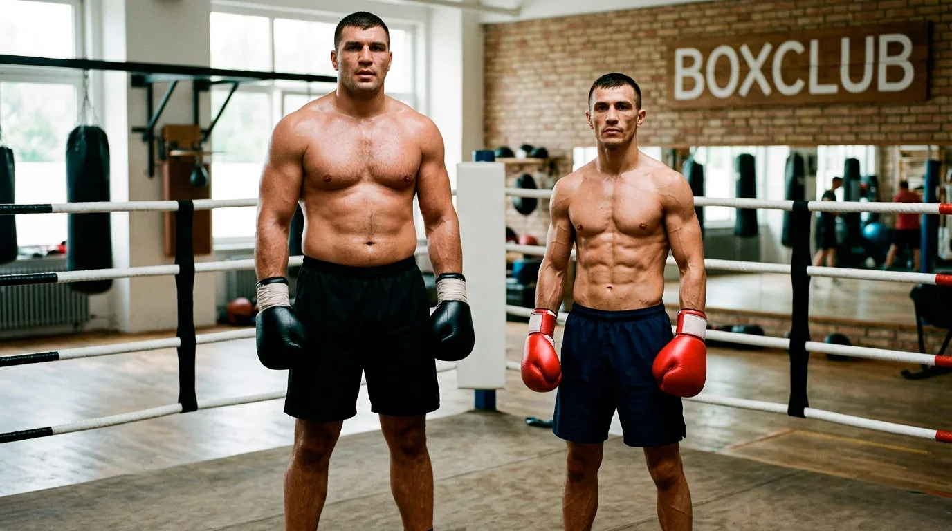 Zwei Boxer unterschiedlicher Gewichtsklassen stehen nebeneinander am Boxring