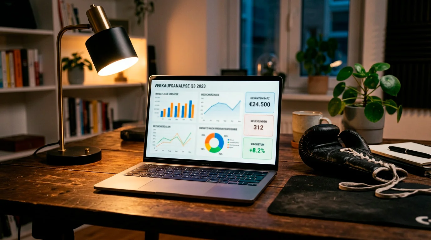 Laptop mit Datendiagrammen neben Boxhandschuhen auf einem Schreibtisch