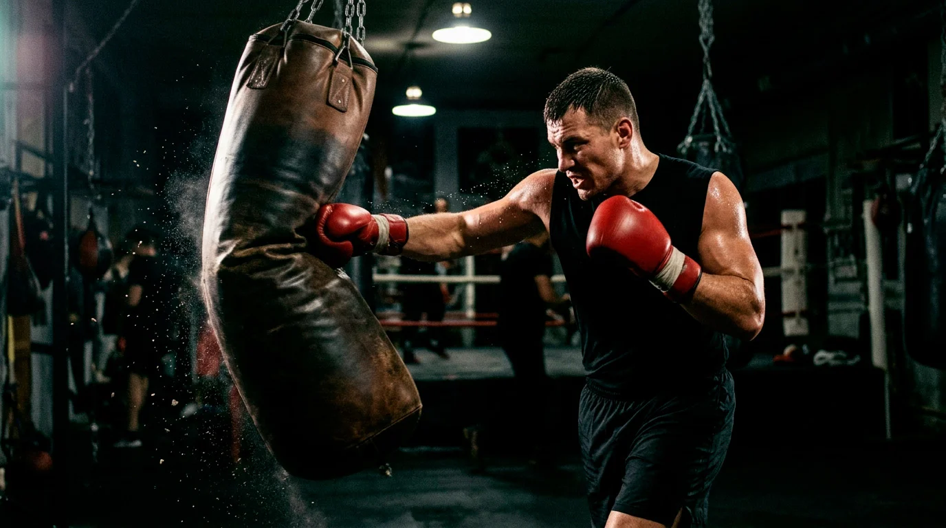 Boxer im Schwergewicht landet einen Treffer am Boxsack im Trainingsraum